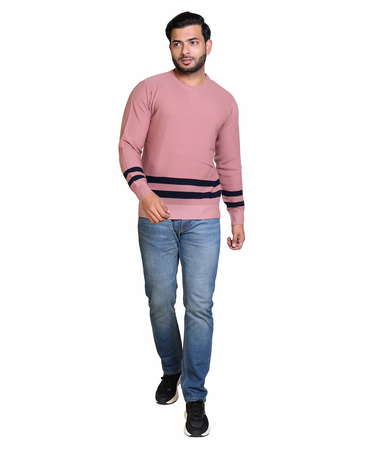 Men's Solid Round Neck Strip Sweater