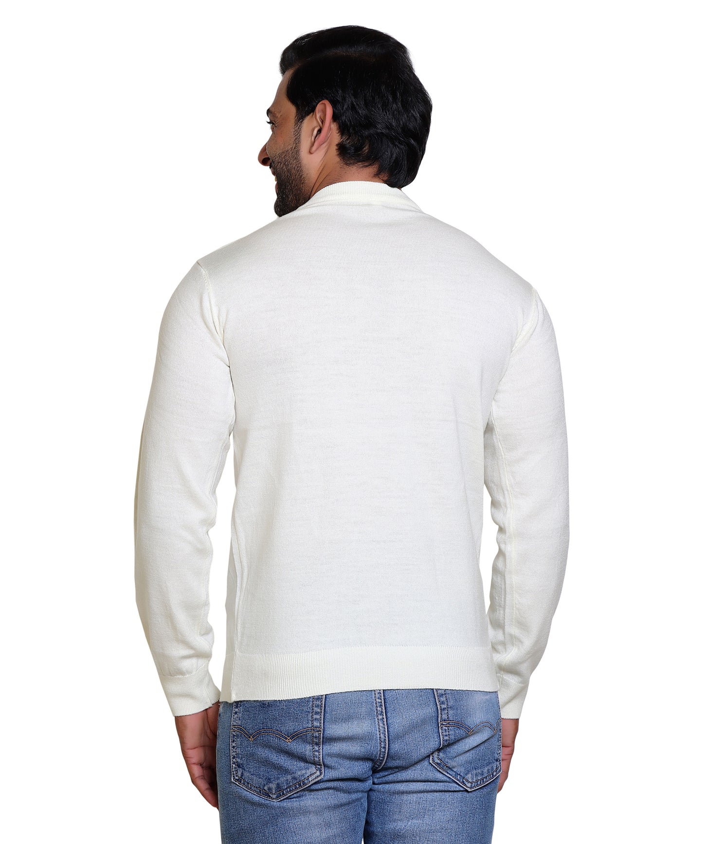 Men's Solid Round Neck White Sweater