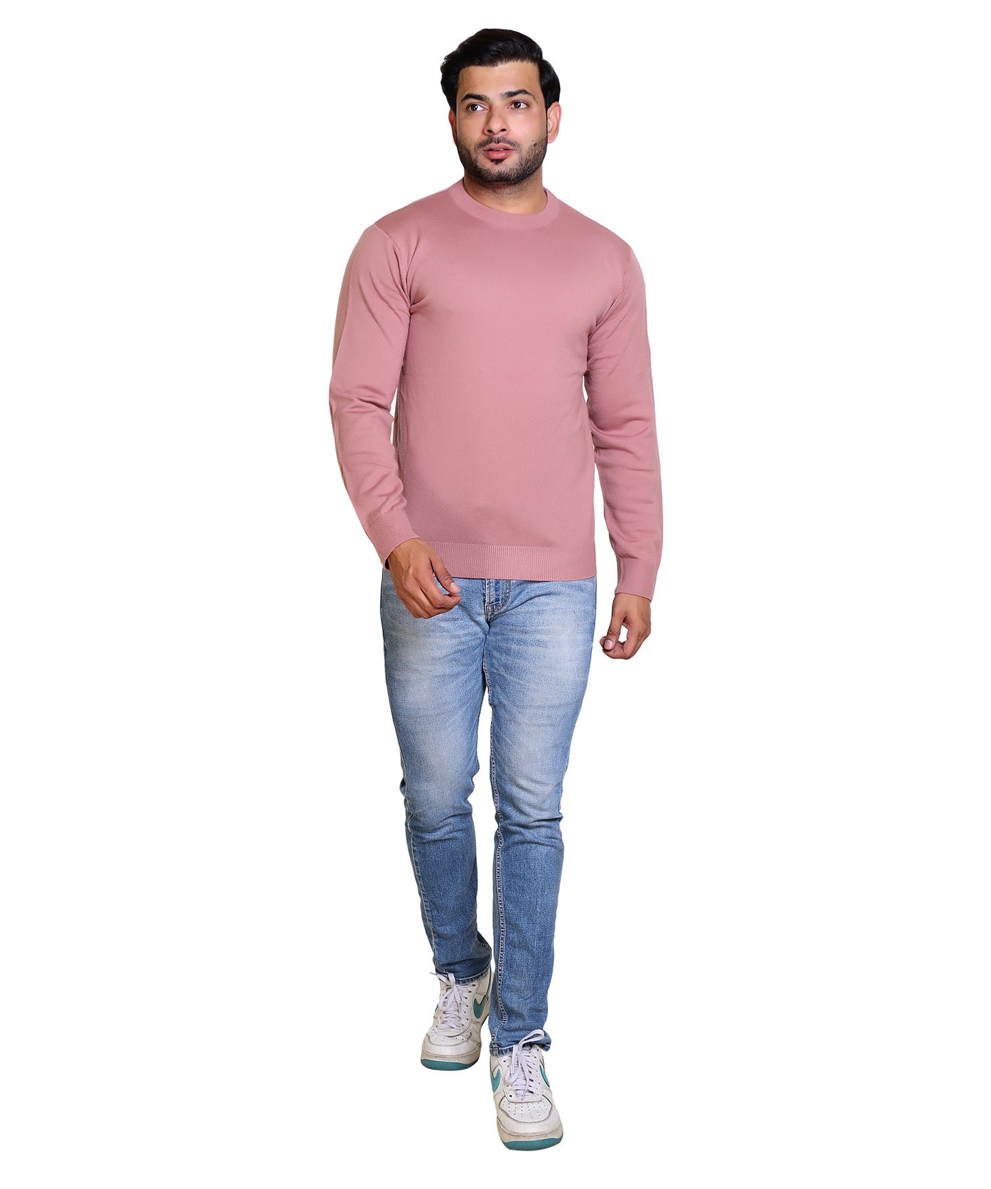 Men's Solid Round Neck Pink Sweater