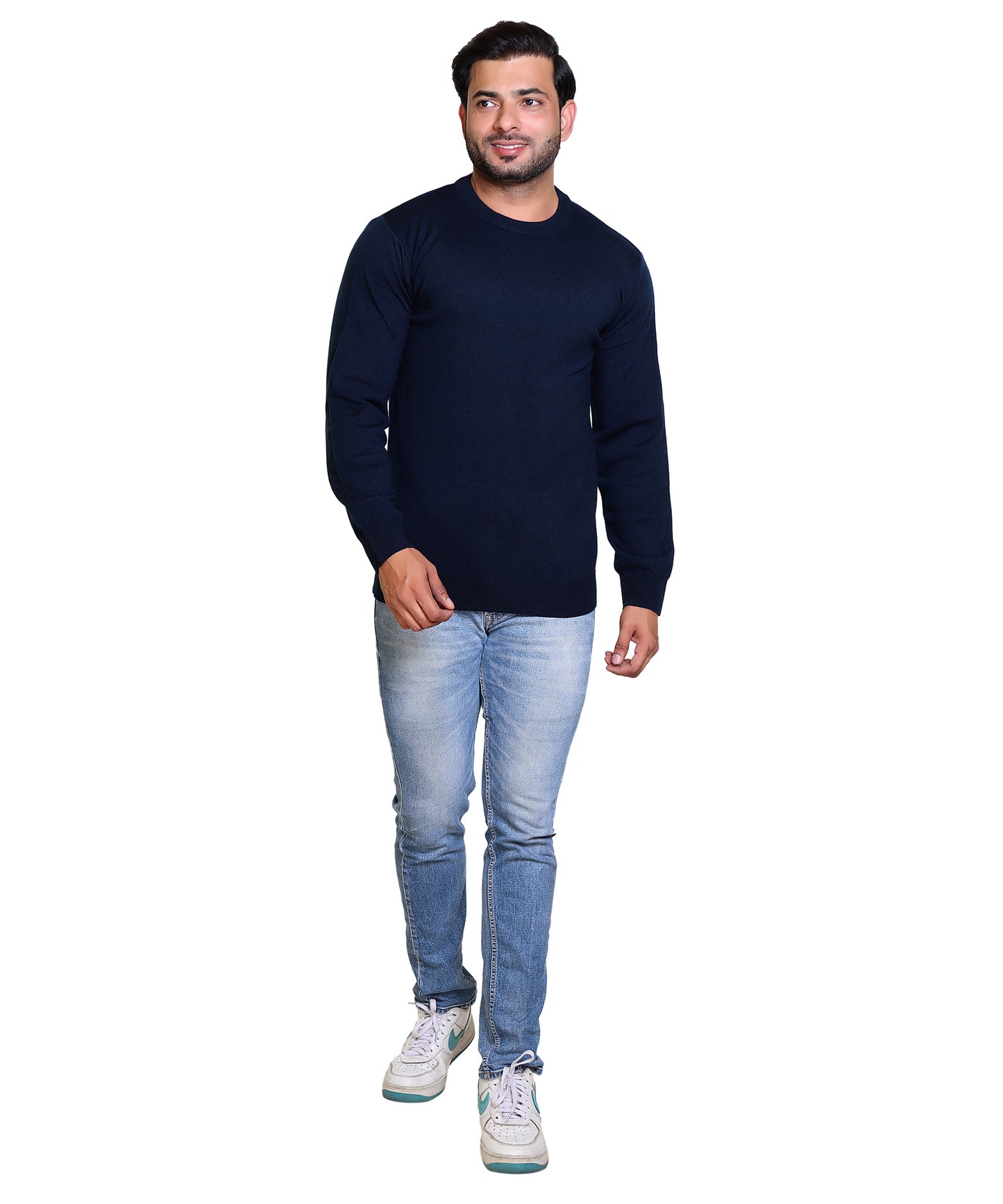 Men's Solid Round Dark Blue Sweater