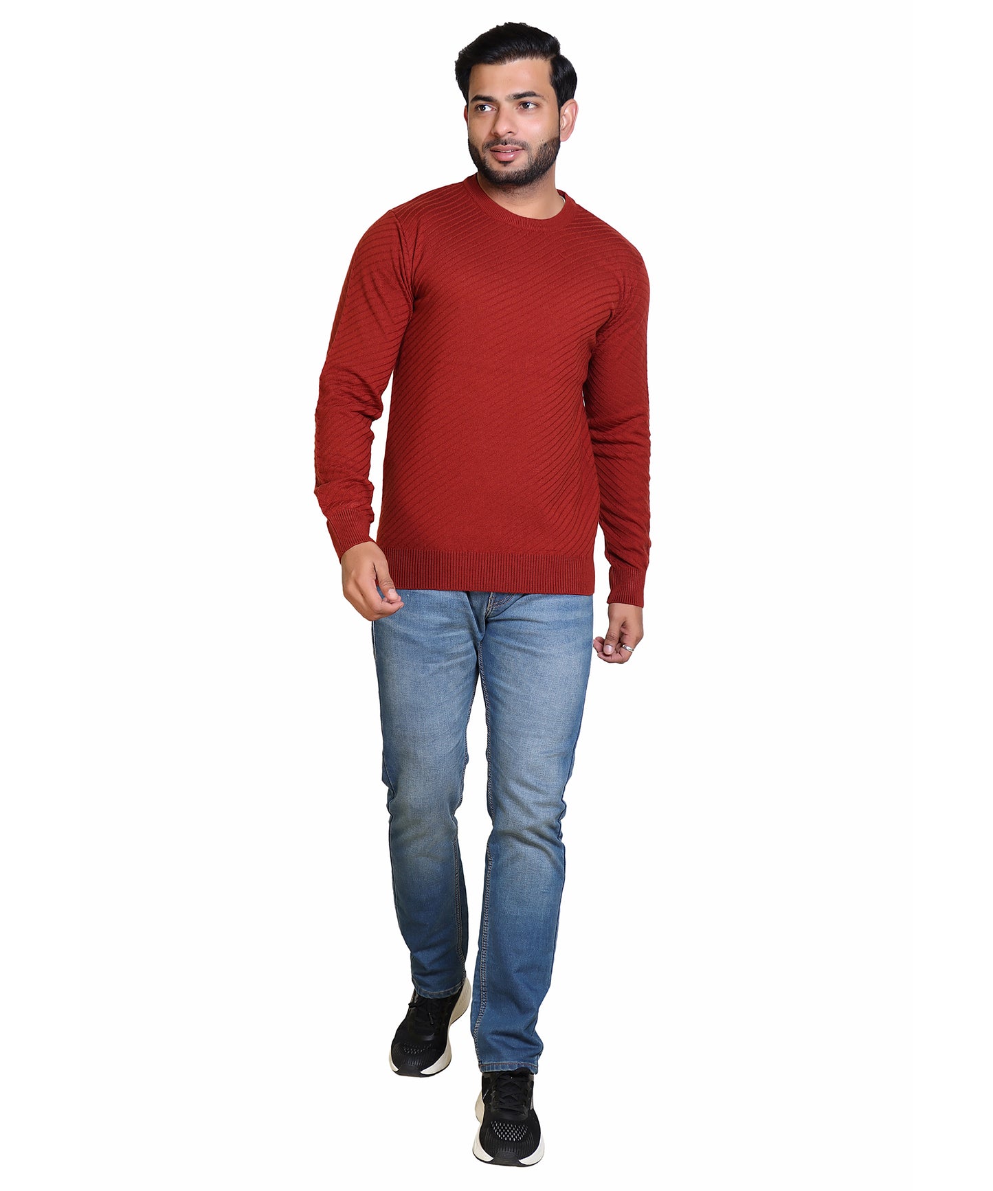 Men's Solid Round Neck Rust Sweater