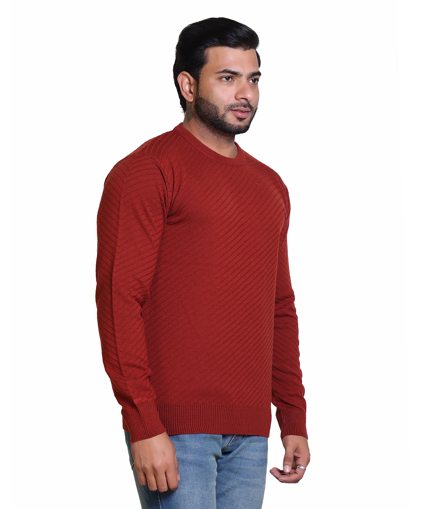 Men's Solid Round Neck Rust Sweater