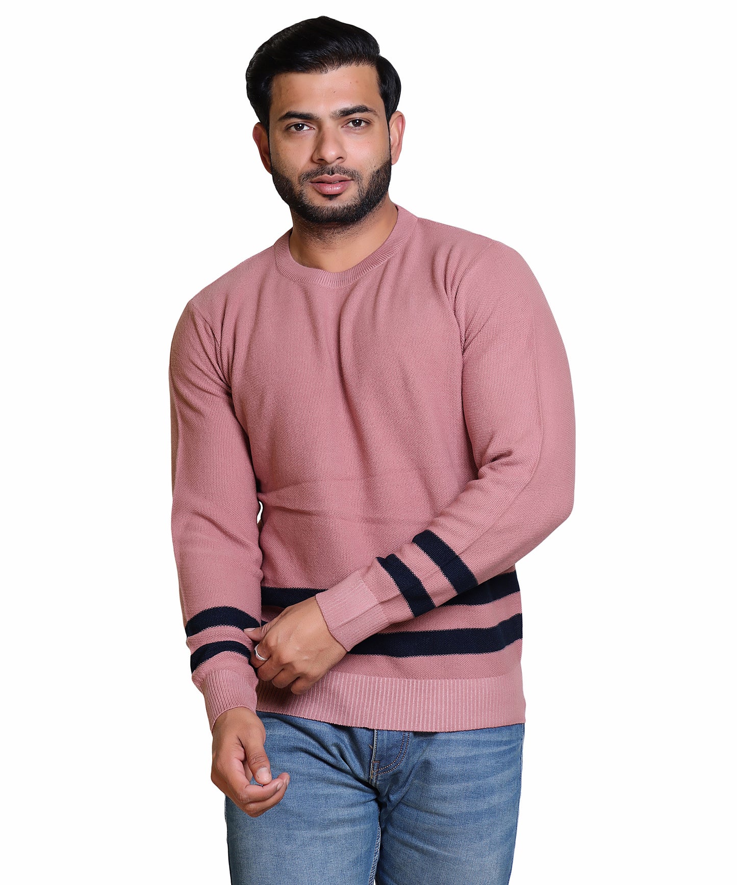 Men's Solid Round Neck Strip Sweater