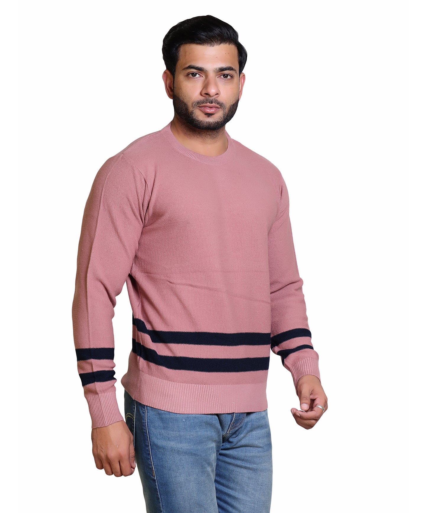 Men's Solid Round Neck Strip Sweater