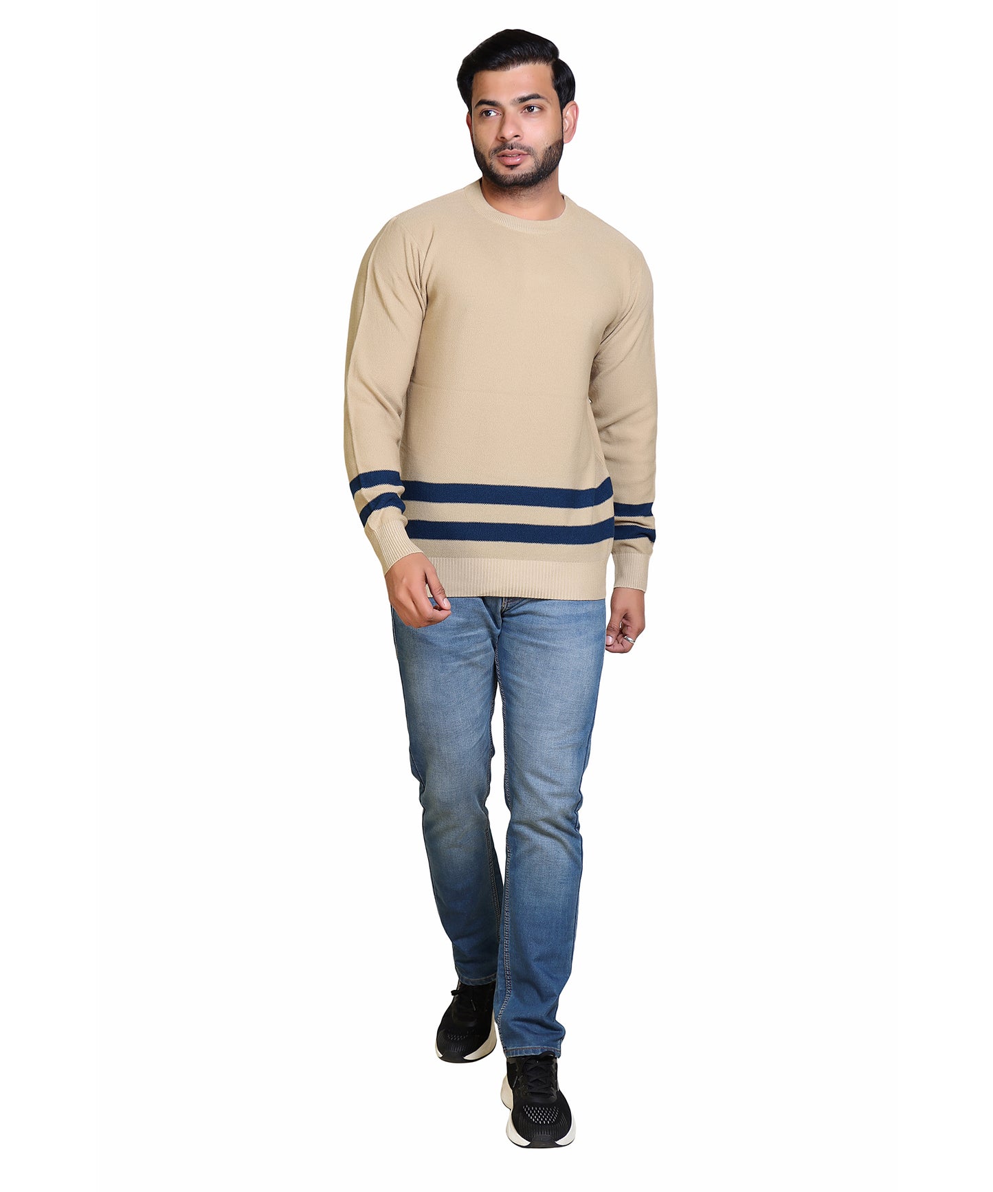Men's Solid Round Neck Strip Sweater