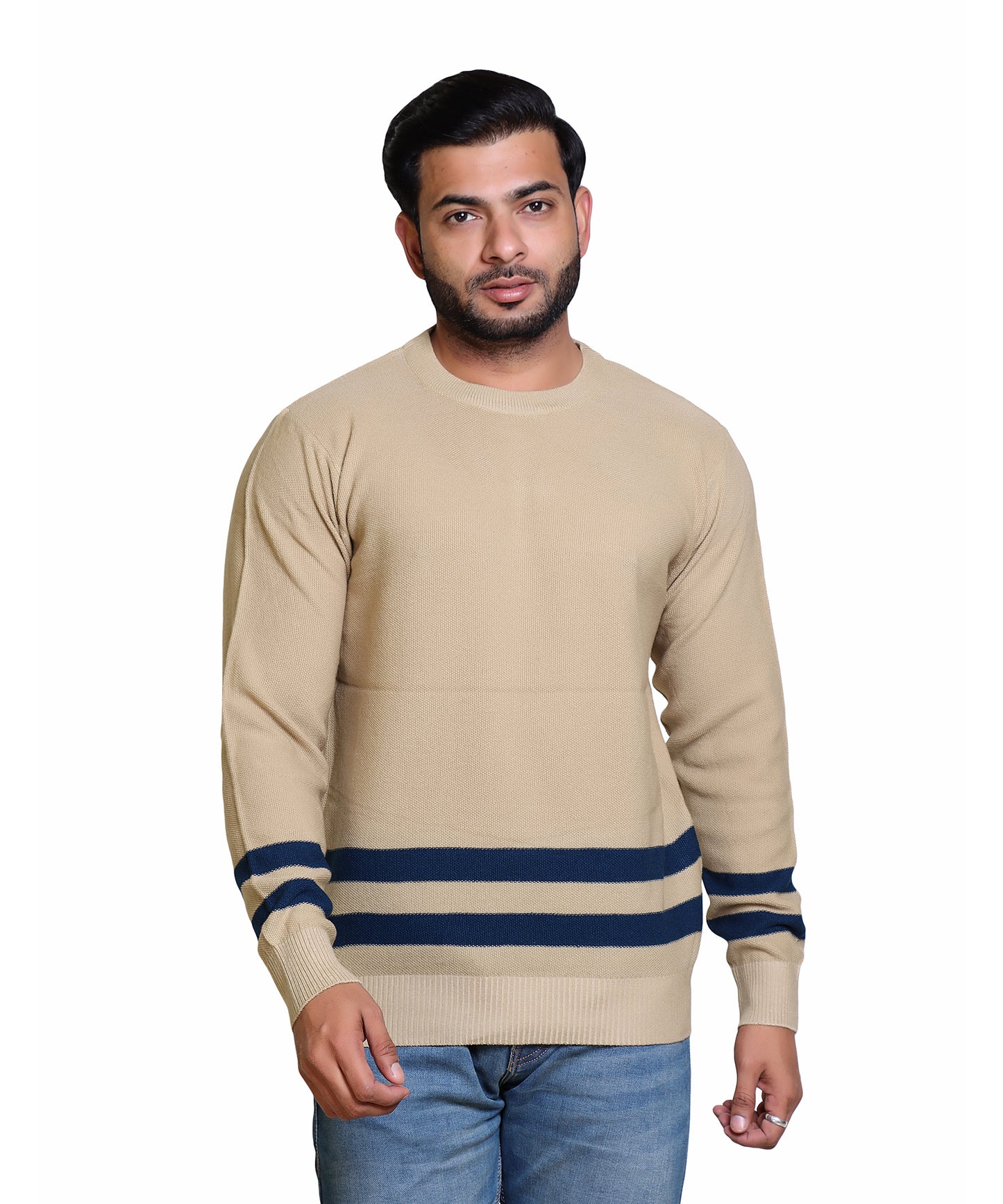 Men's Solid Round Neck Strip Sweater