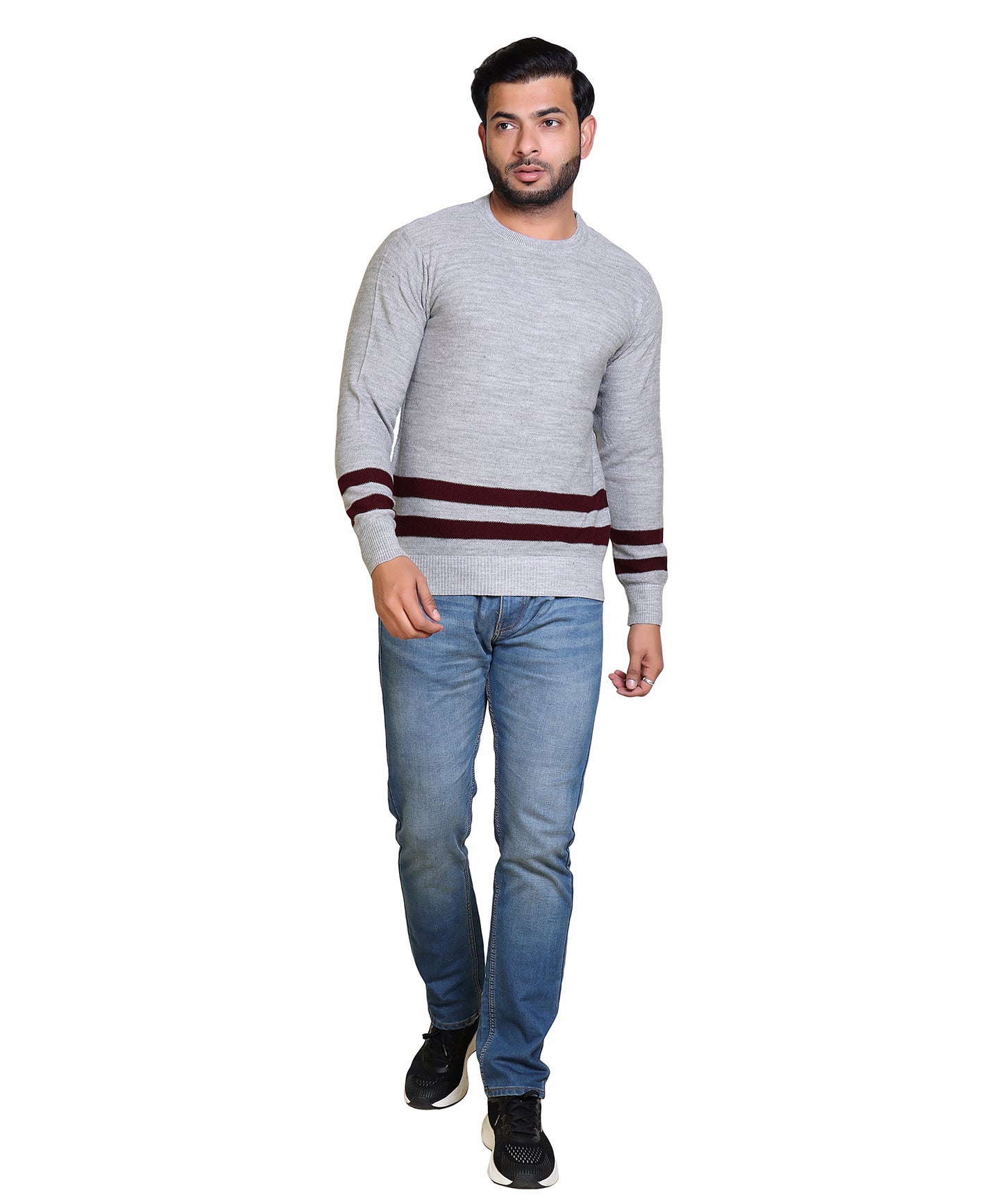 Men's Solid Round Neck Strip Sweater