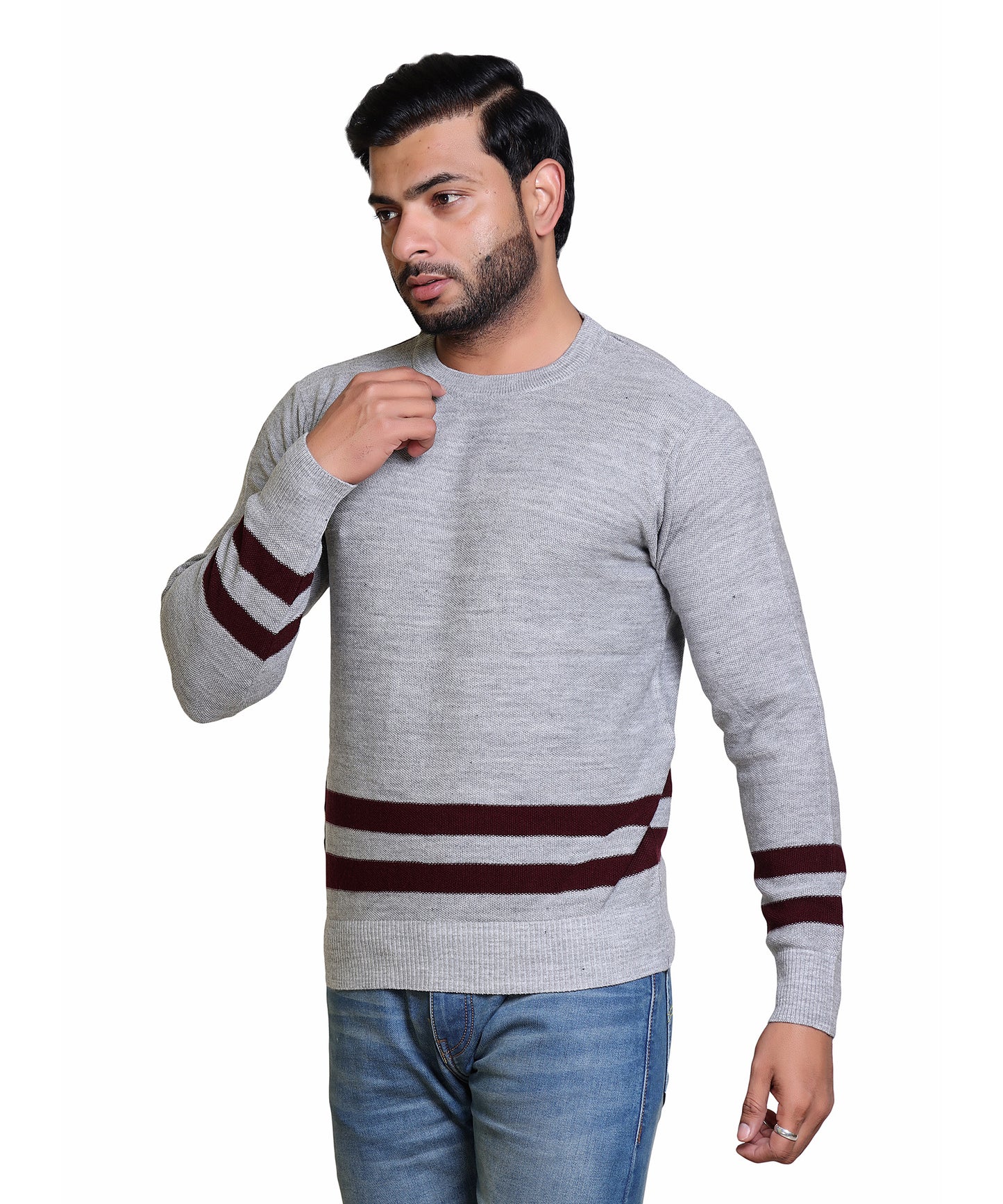 Men's Solid Round Neck Strip Sweater
