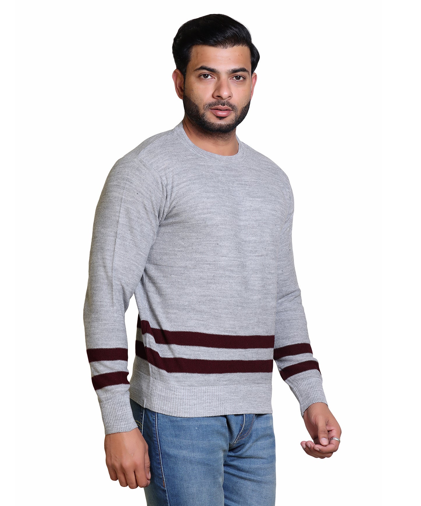 Men's Solid Round Neck Strip Sweater