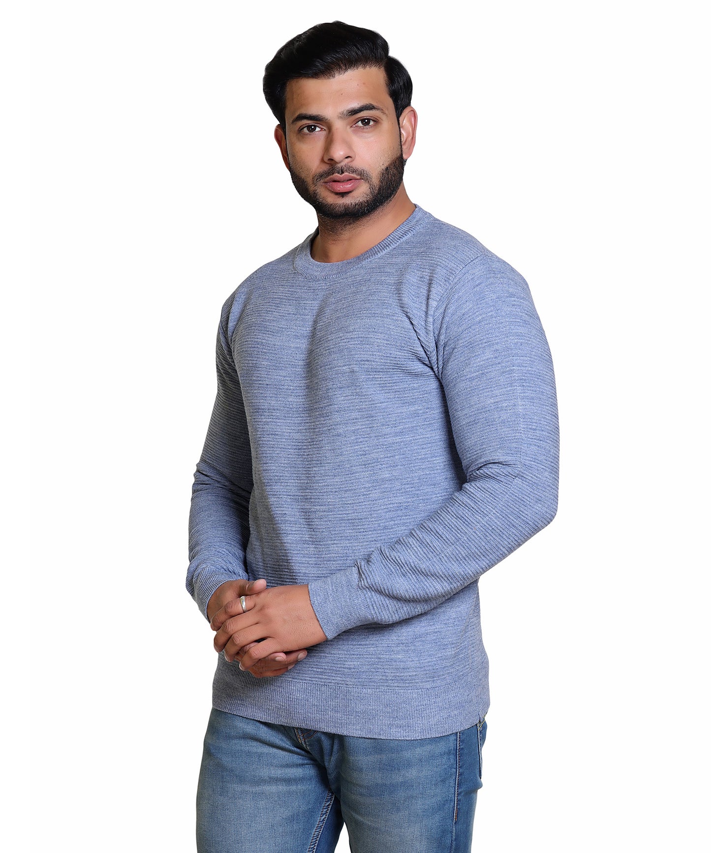 Men's Solid Round Neck Blue Sweater