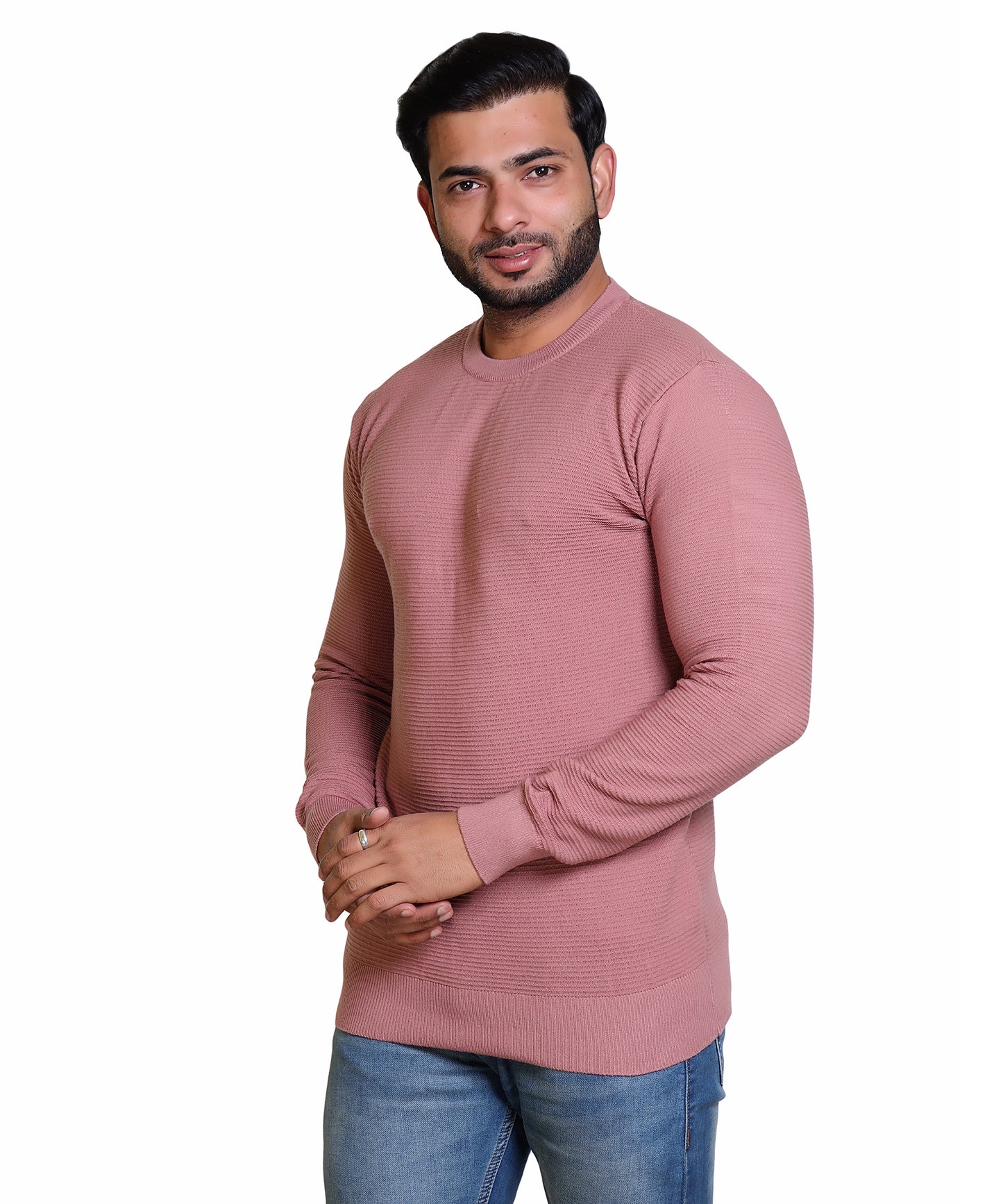 Men's Solid Round Neck Pink Sweater