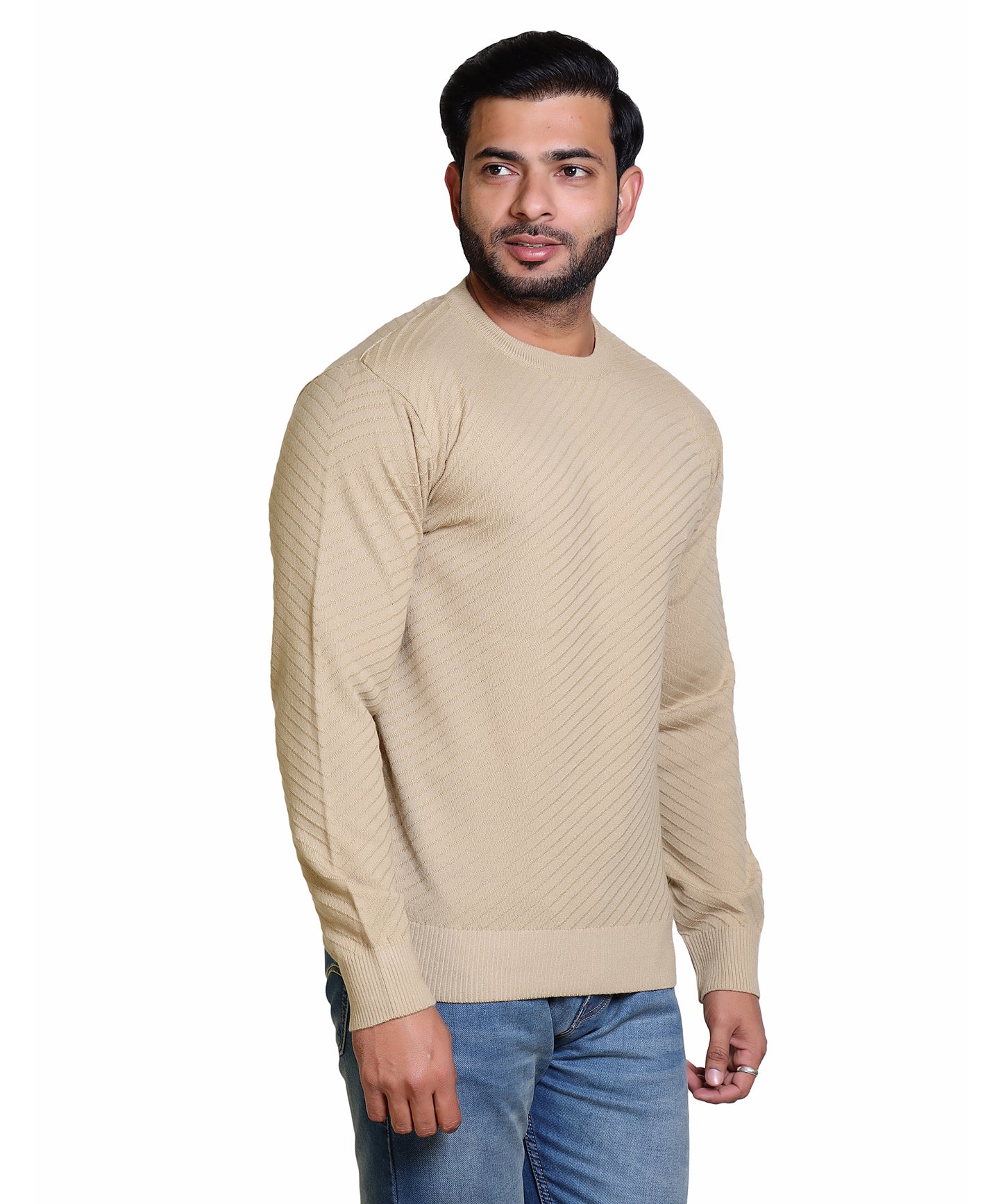 Men's Solid Round Neck Beige Sweater