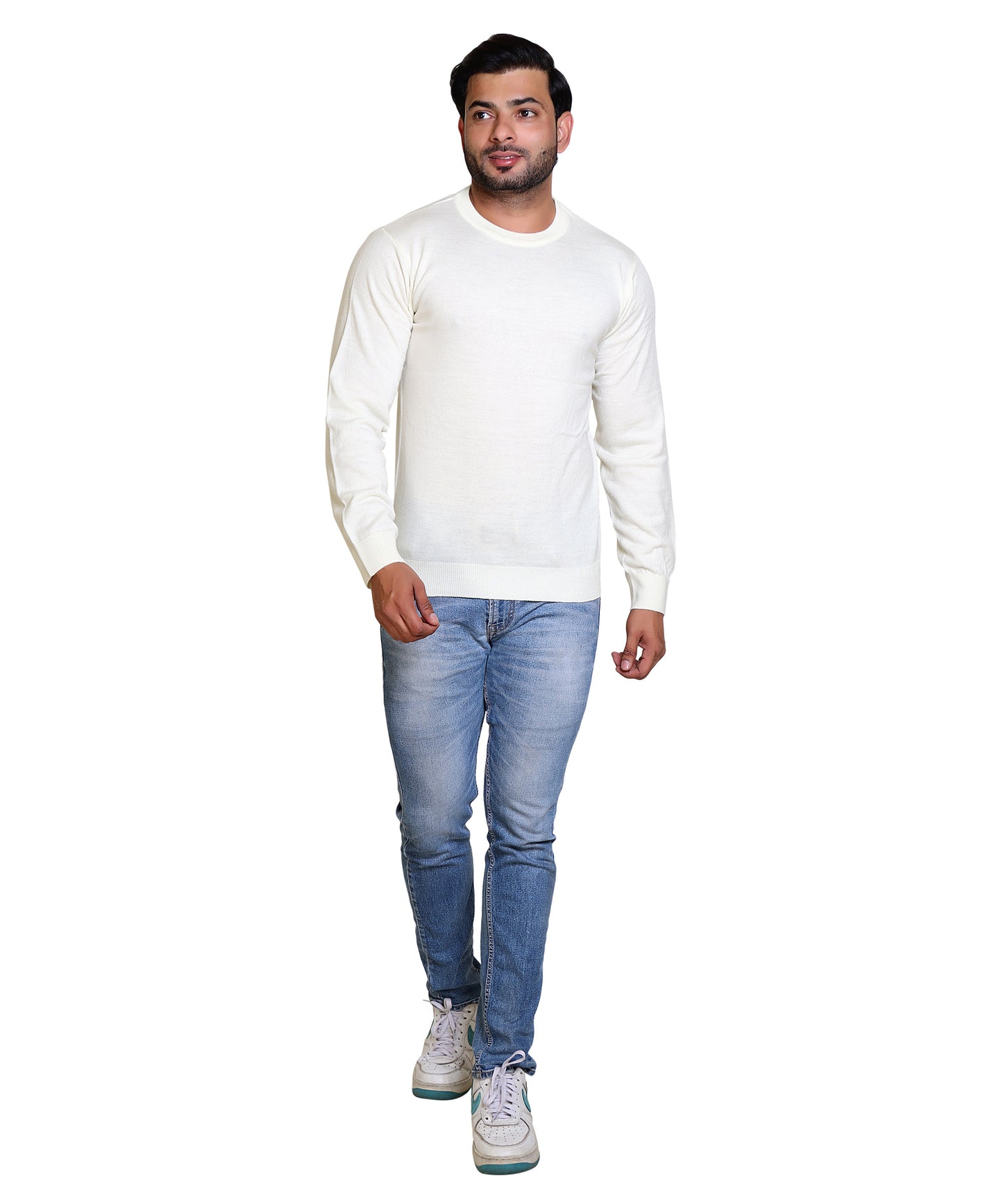 Men's Solid Round Neck White Sweater