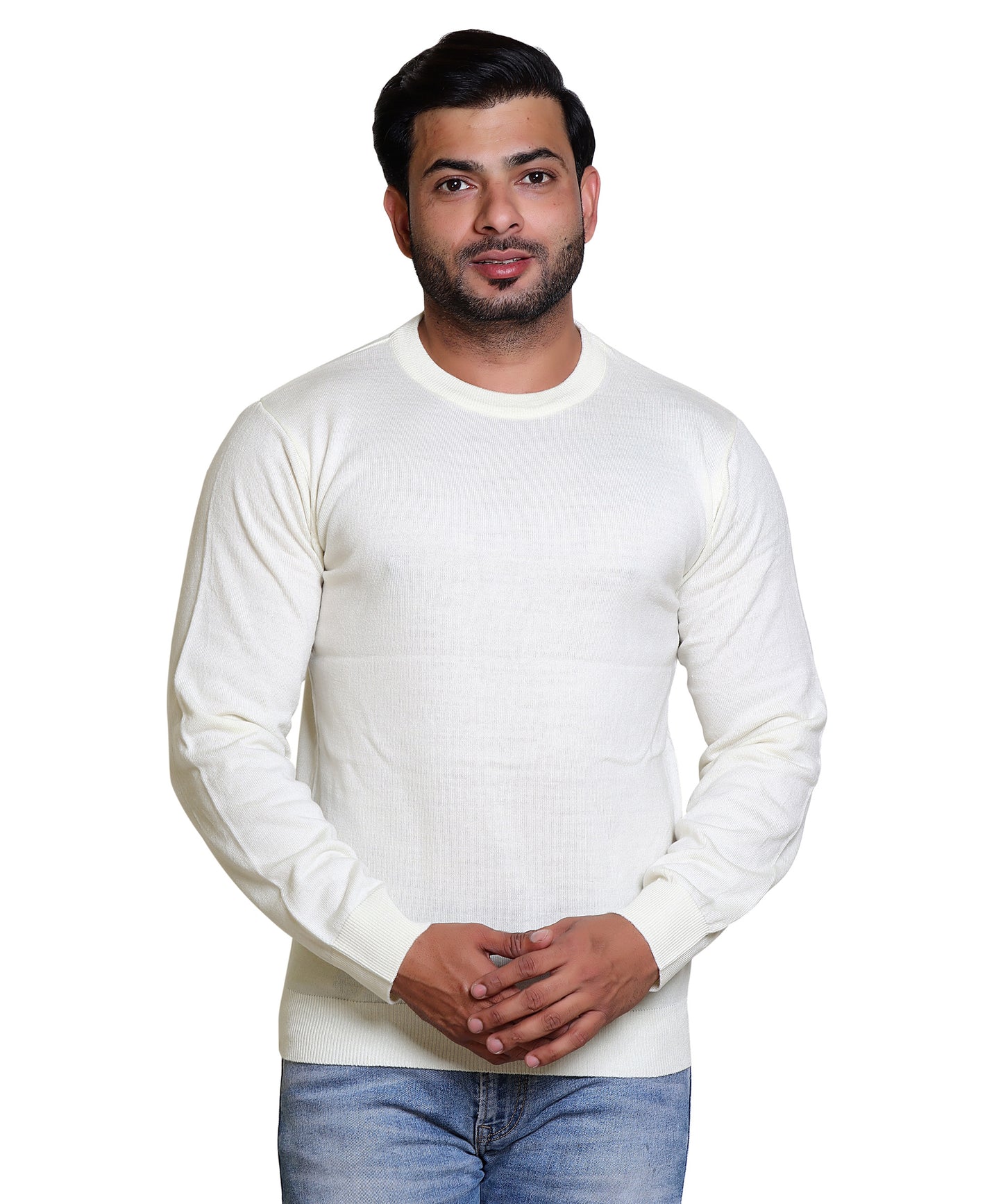 Men's Solid Round Neck White Sweater