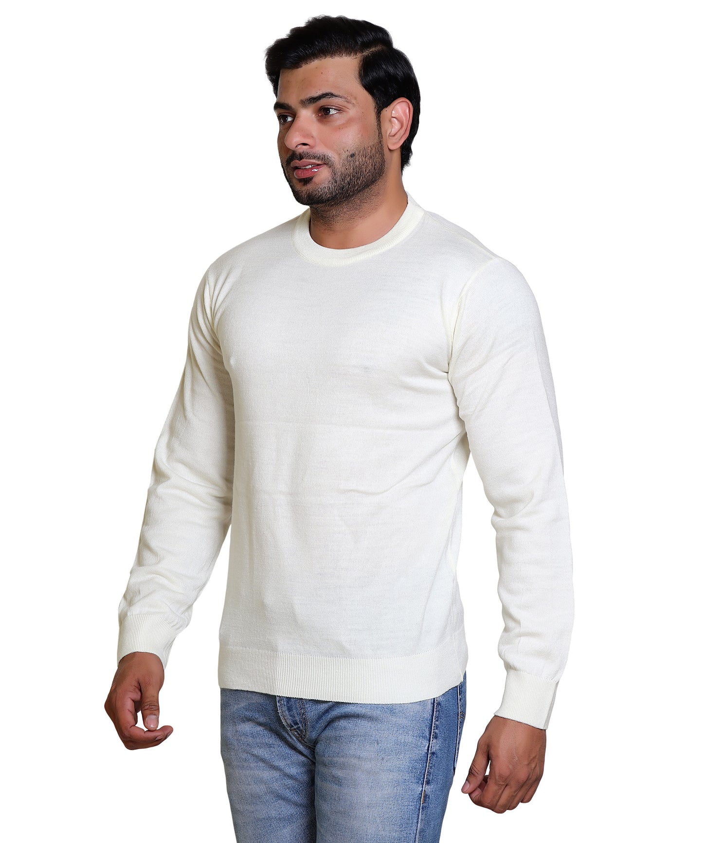 Men's Solid Round Neck White Sweater