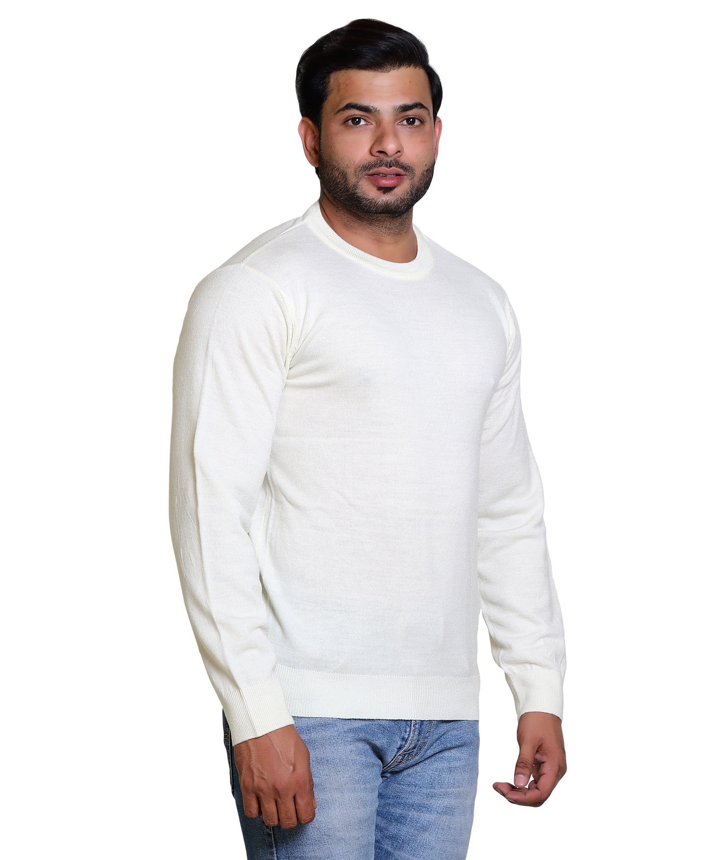 Men's Solid Round Neck White Sweater