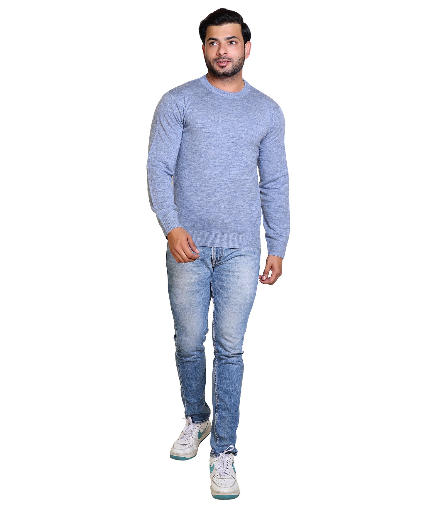 Men's Solid Round Neck Blue Sweater