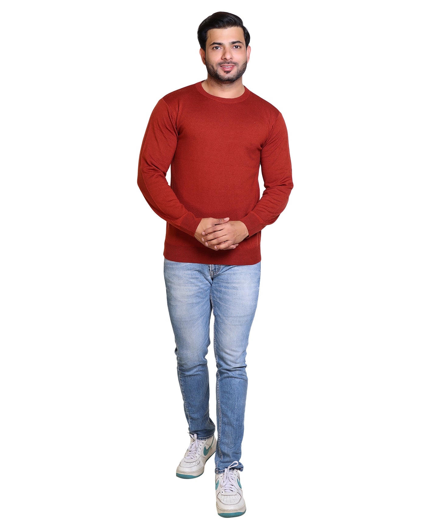 Men's Solid Round Neck Rust Sweater