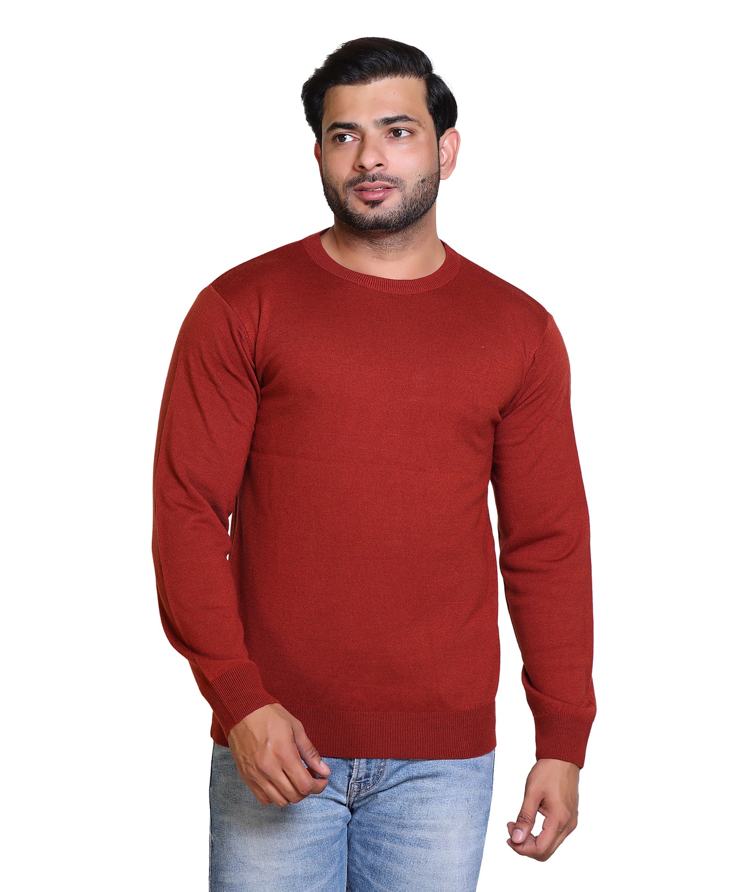 Men's Solid Round Neck Rust Sweater