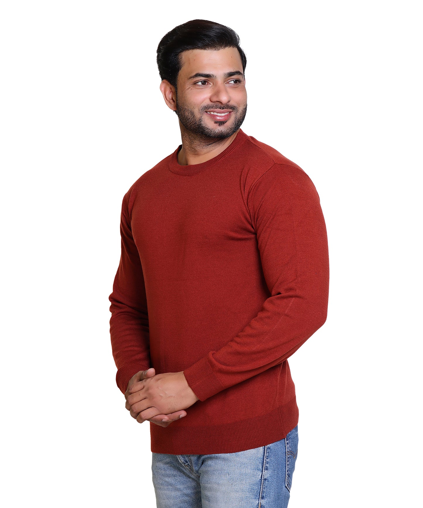 Men's Solid Round Neck Rust Sweater