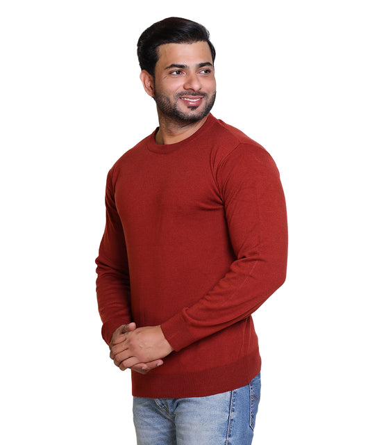 Men's Solid Round Neck Rust Sweater