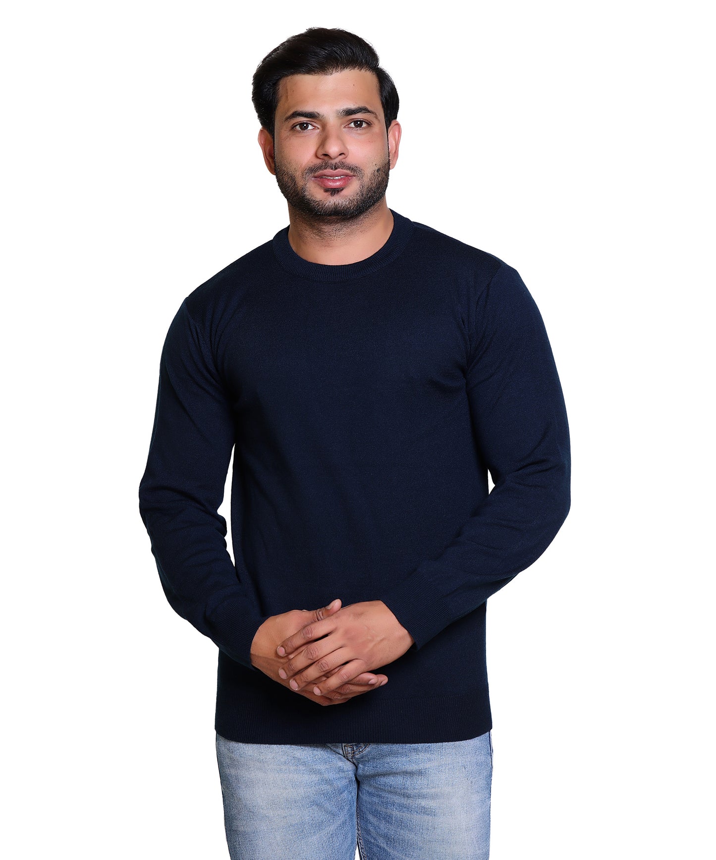 Men's Solid Round Dark Blue Sweater