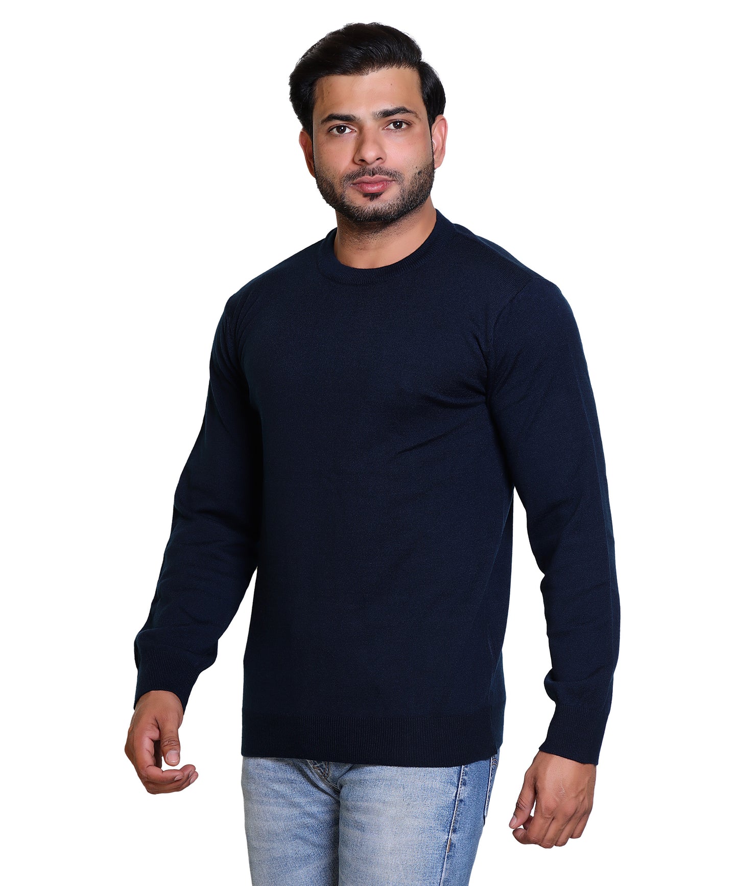 Men's Solid Round Dark Blue Sweater