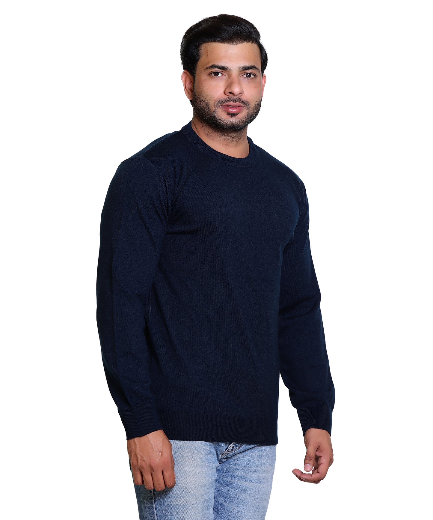 Men's Solid Round Dark Blue Sweater