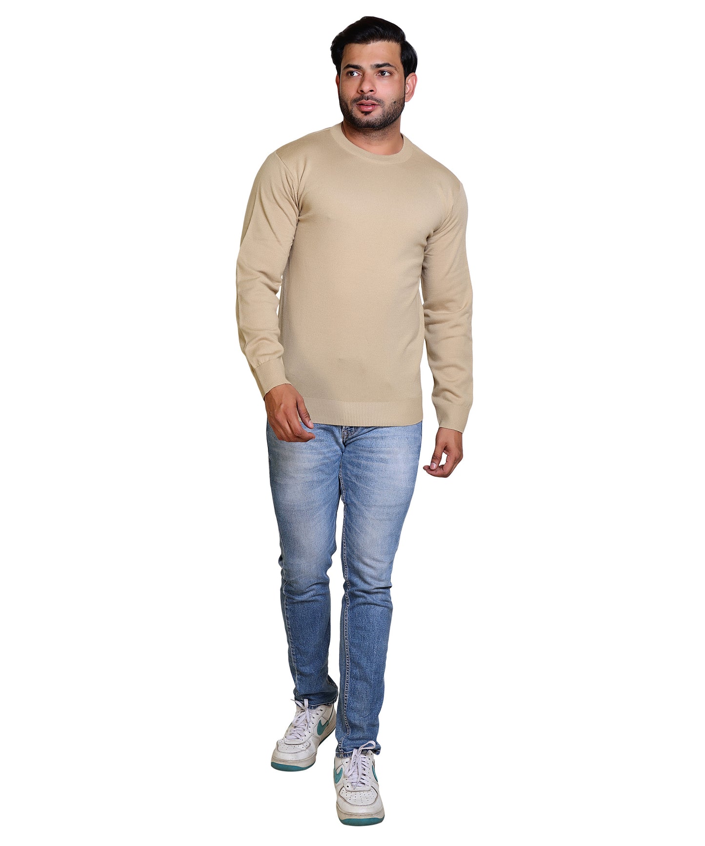 Men's Solid Round Neck Beige Sweater
