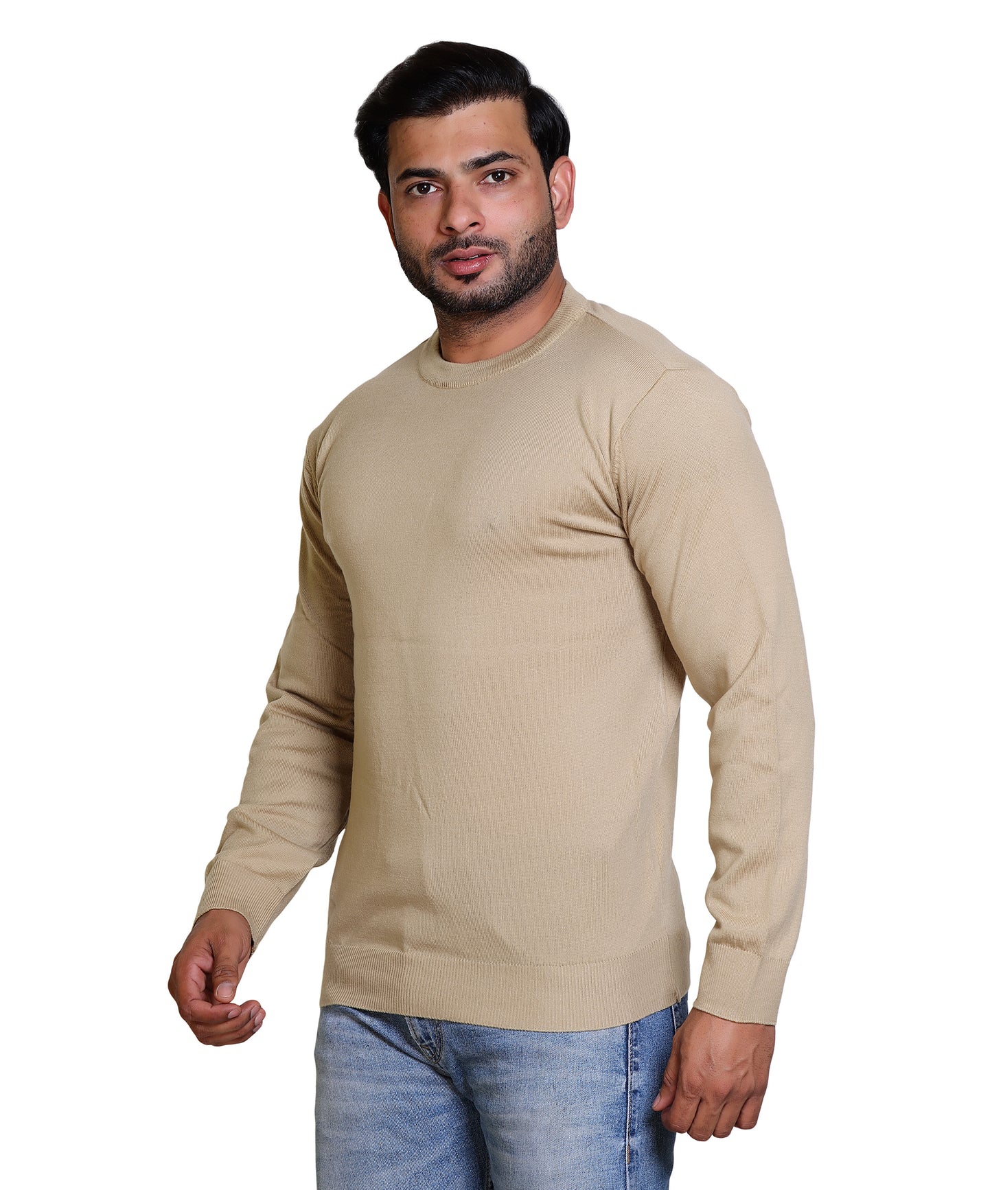 Men's Solid Round Neck Beige Sweater