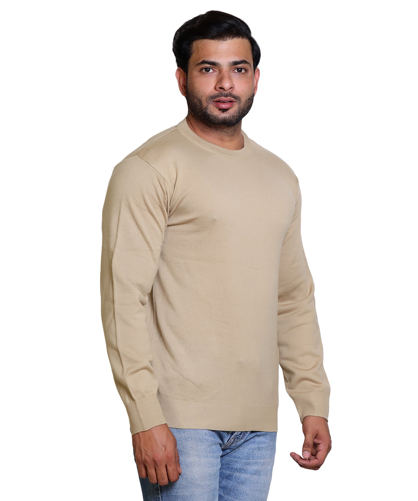 Men's Solid Round Neck Beige Sweater