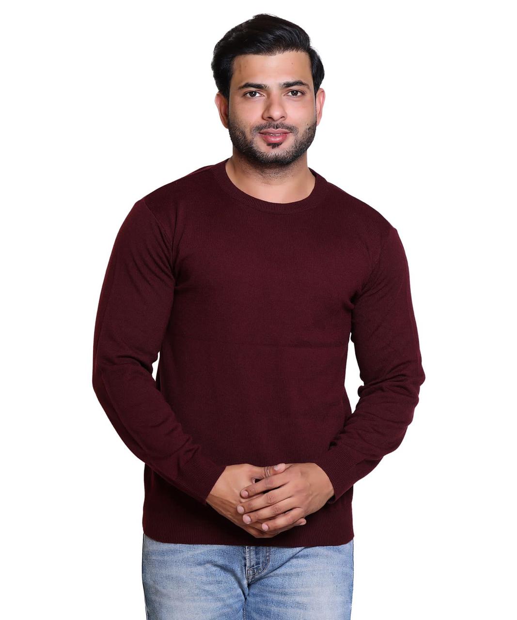 Men's Solid Round Neck Brown Sweater